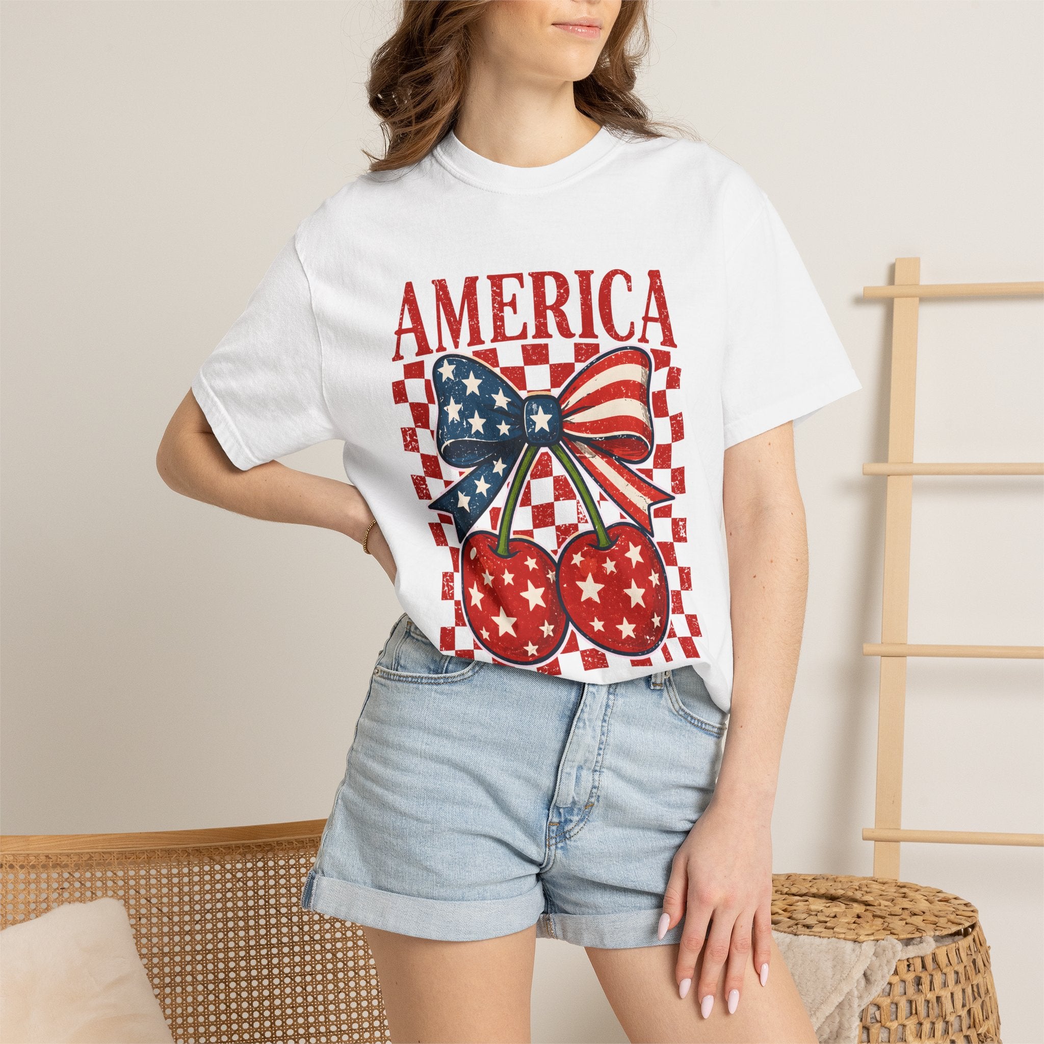 America Cherry Graphic T-Shirt — Patriotic USA Bow & Stars Fourth of July Tee