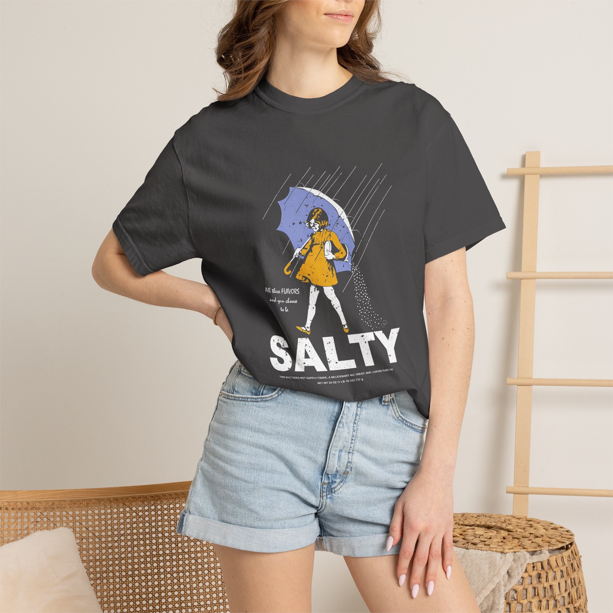 Salty Rain Graphic T-Shirt — Retro Girl with Umbrella