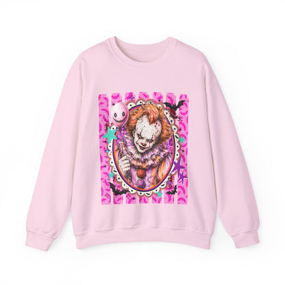 Creepy Carnival Clown Sweatshirt — Pink Horror Portrait Crewneck