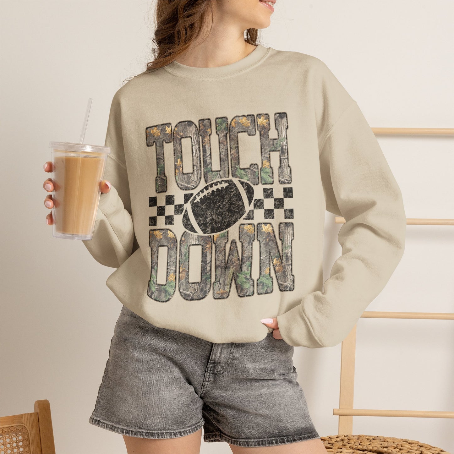 Touchdown Football Crewneck Sweatshirt — Camo Lettering & Checkered Design