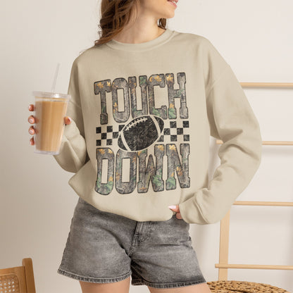 Touchdown Football Crewneck Sweatshirt — Camo Lettering & Checkered Design
