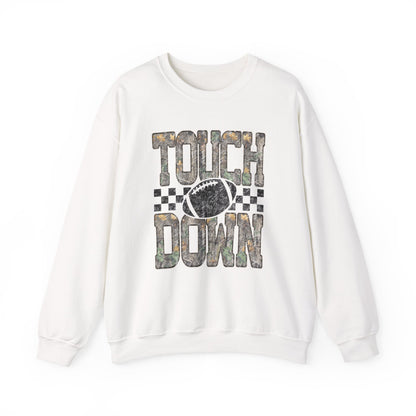 Touchdown Football Crewneck Sweatshirt — Camo Lettering & Checkered Design
