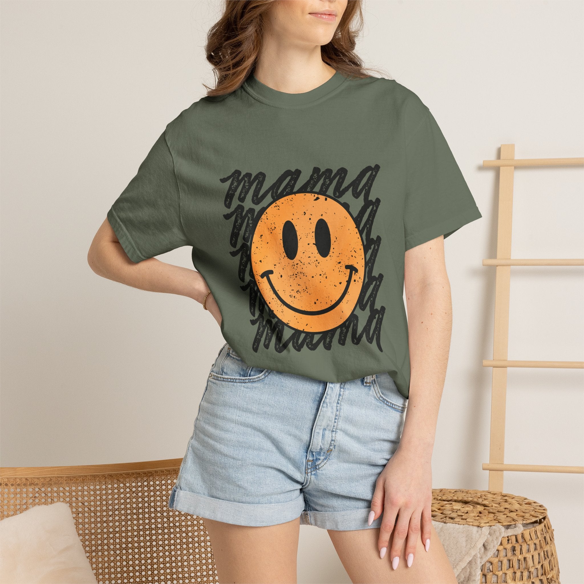 Mama Smiley T-Shirt — Retro Distressed Smiley Face Graphic for Moms