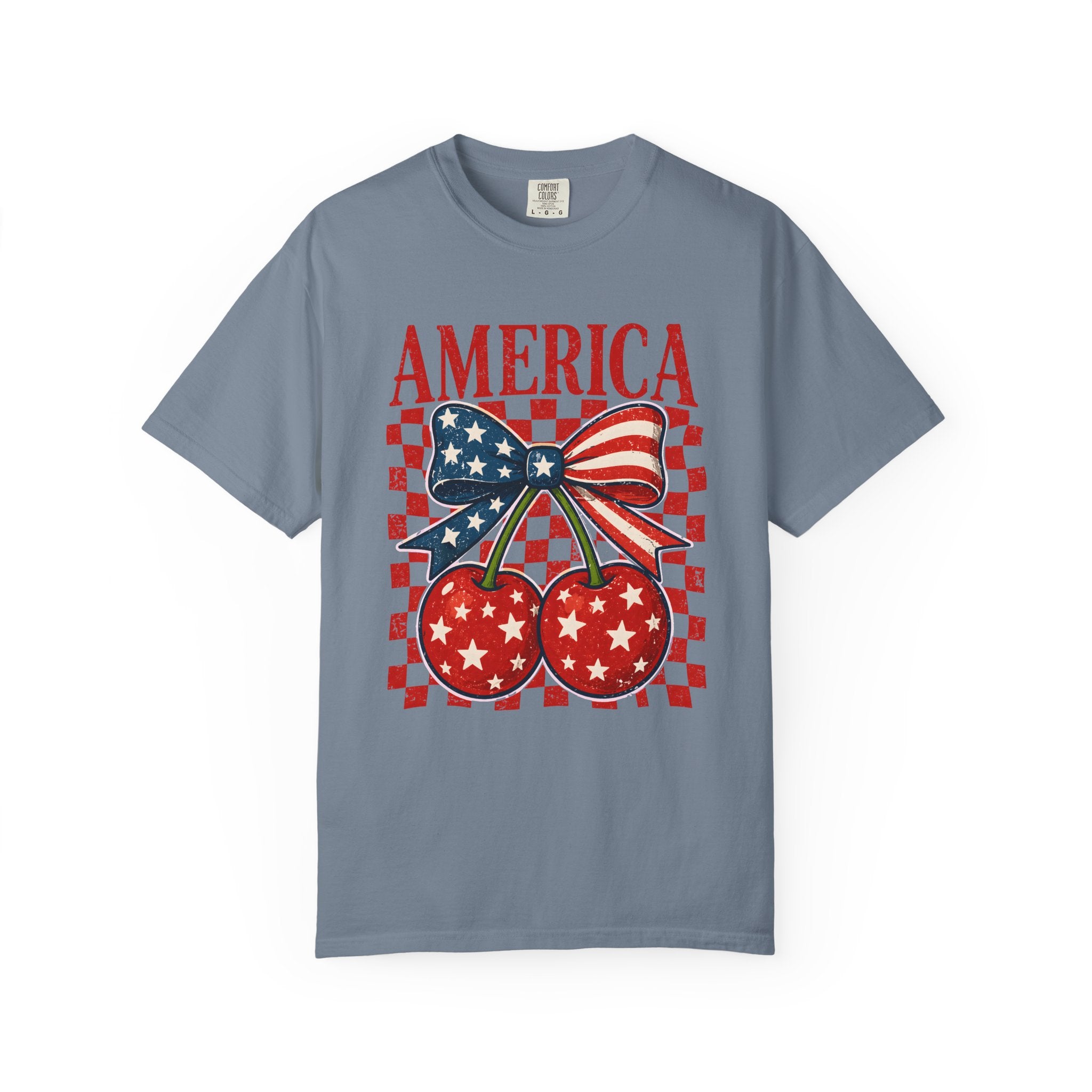 America Cherry Graphic T-Shirt — Patriotic USA Bow & Stars Fourth of July Tee