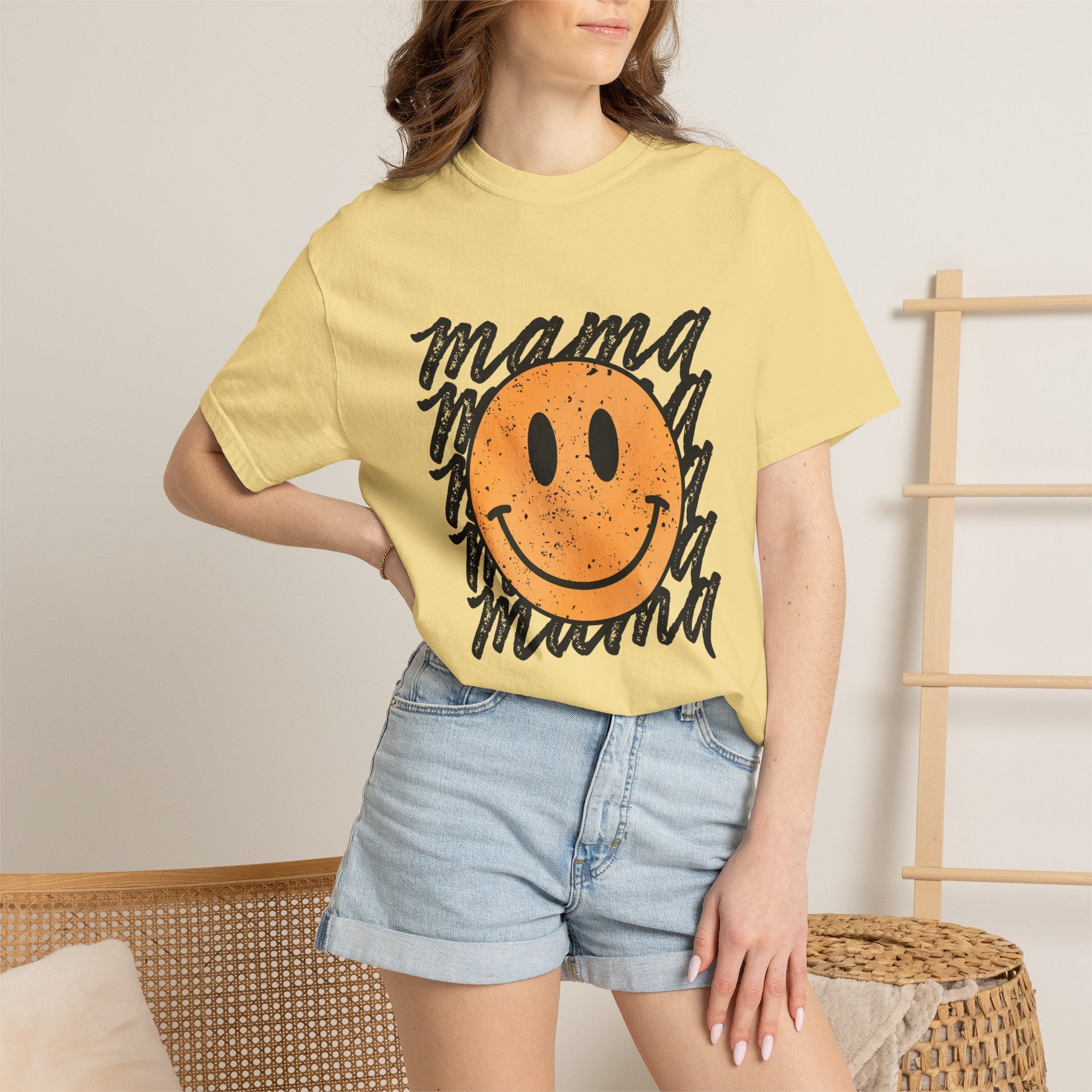 Mama Smiley T-Shirt — Retro Distressed Smiley Face Graphic for Moms