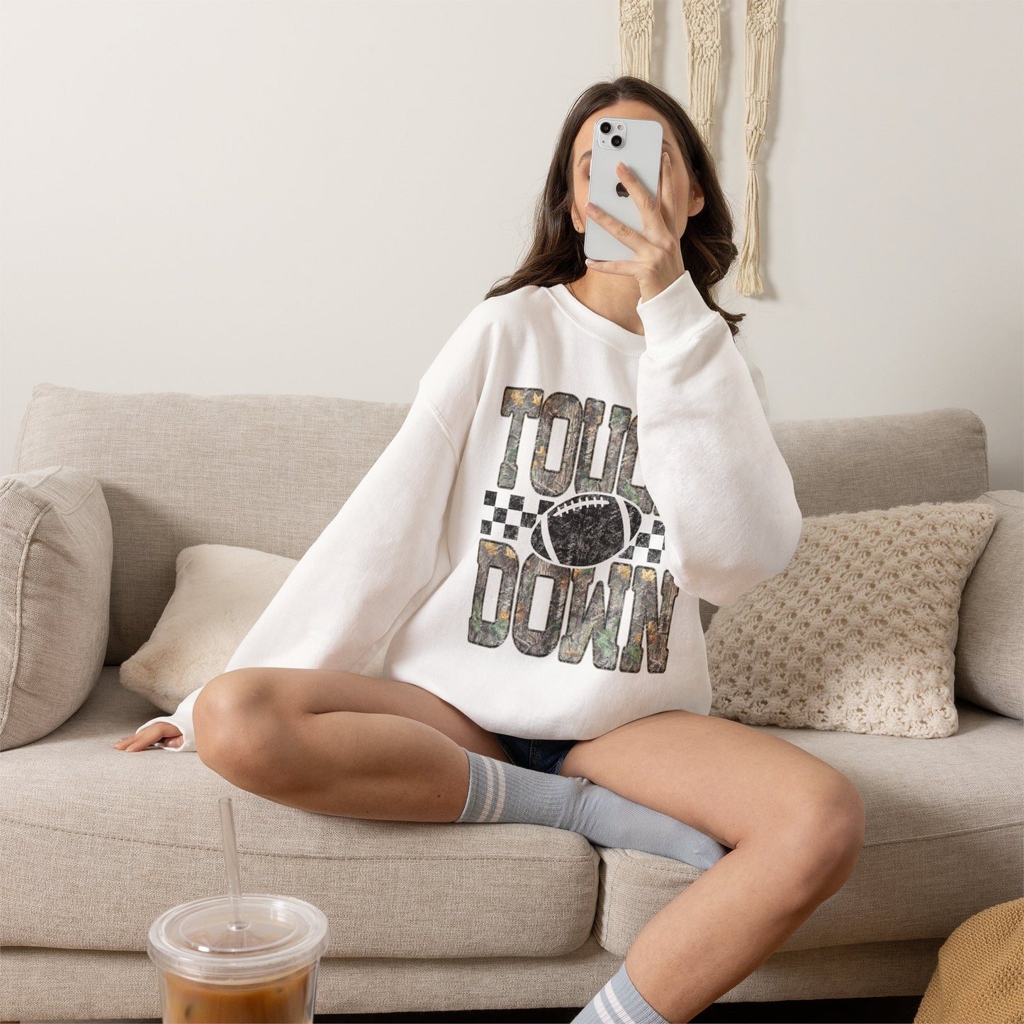 Touchdown Football Crewneck Sweatshirt — Camo Lettering & Checkered Design