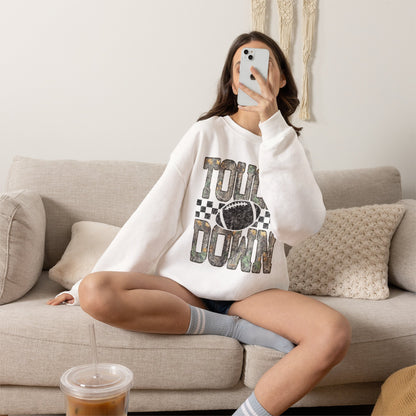 Touchdown Football Crewneck Sweatshirt — Camo Lettering & Checkered Design