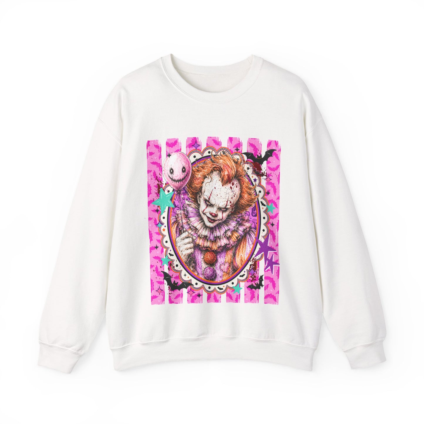 Creepy Carnival Clown Sweatshirt — Pink Horror Portrait Crewneck