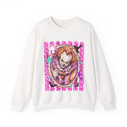 Creepy Carnival Clown Sweatshirt — Pink Horror Portrait Crewneck