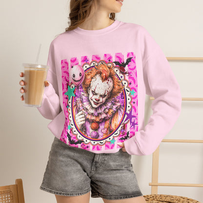 Creepy Carnival Clown Sweatshirt — Pink Horror Portrait Crewneck