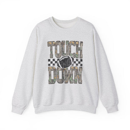 Touchdown Football Crewneck Sweatshirt — Camo Lettering & Checkered Design