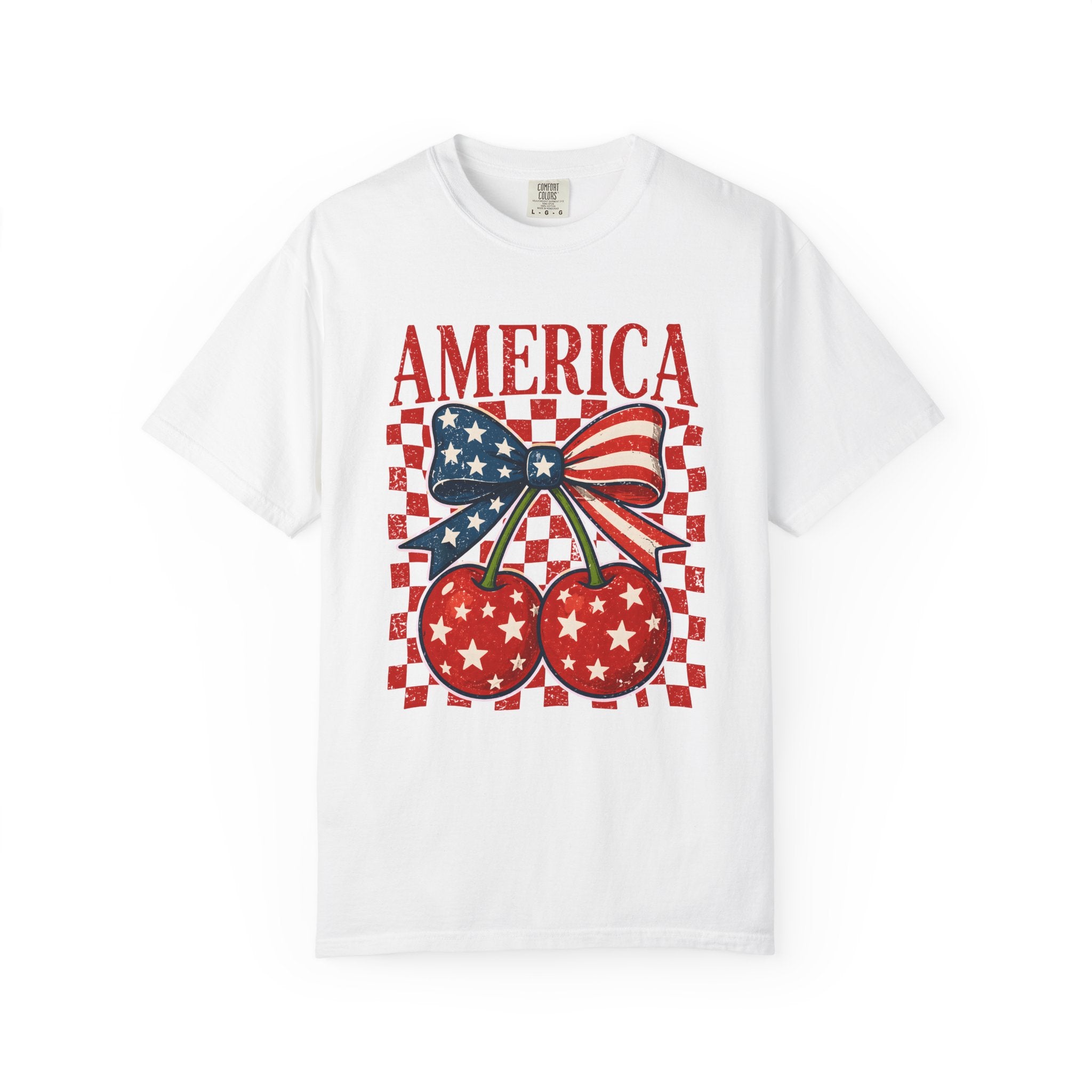 America Cherry Graphic T-Shirt — Patriotic USA Bow & Stars Fourth of July Tee