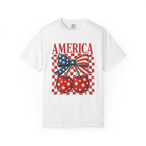 America Cherry Graphic T-Shirt — Patriotic USA Bow & Stars Fourth of July Tee