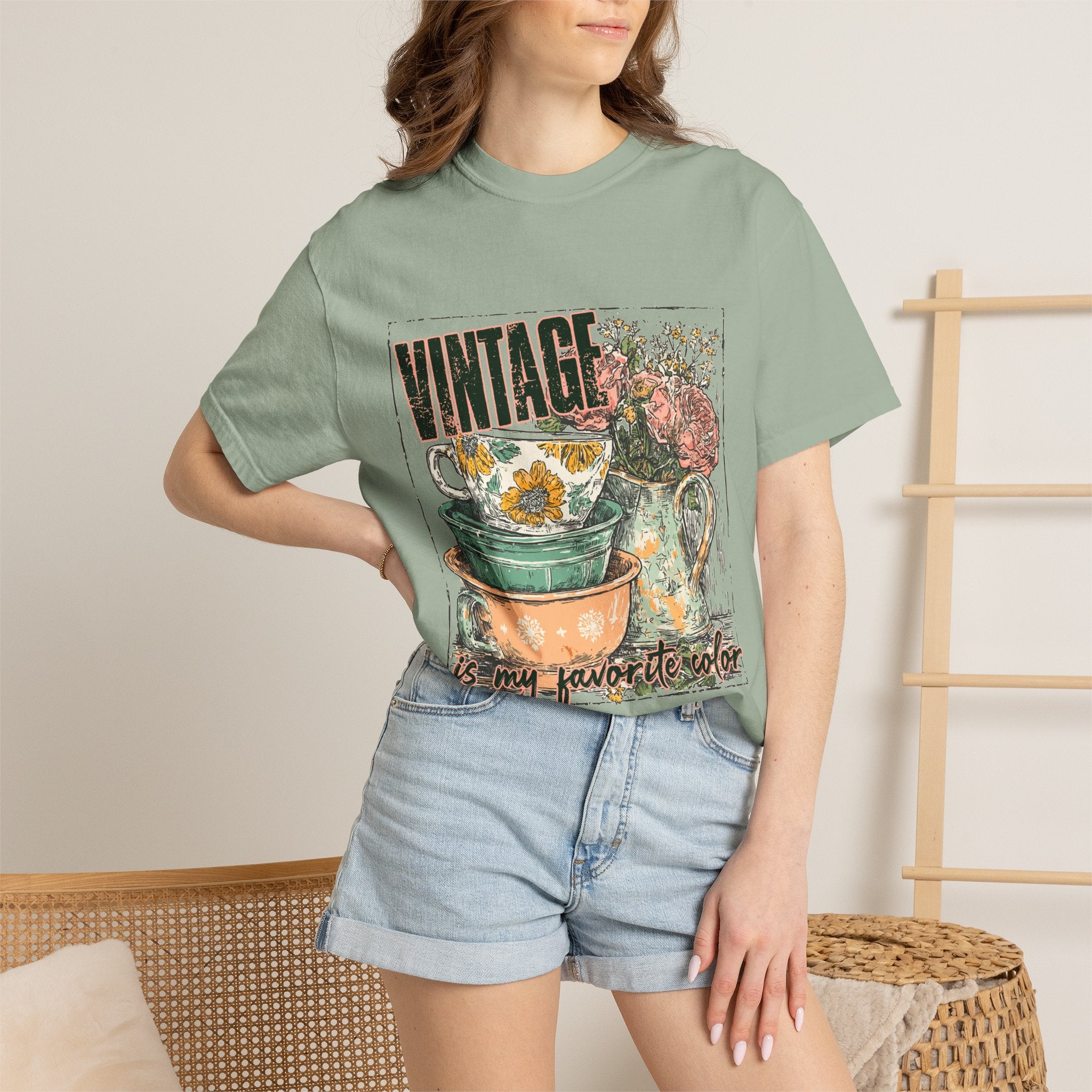 Vintage Teacup T-Shirt — "Vintage is my favorite color" Retro Floral Graphic Tee
