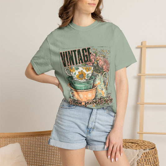 Vintage Teacup T-Shirt — "Vintage is my favorite color" Retro Floral Graphic Tee