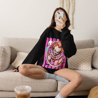 Creepy Carnival Clown Sweatshirt — Pink Horror Portrait Crewneck