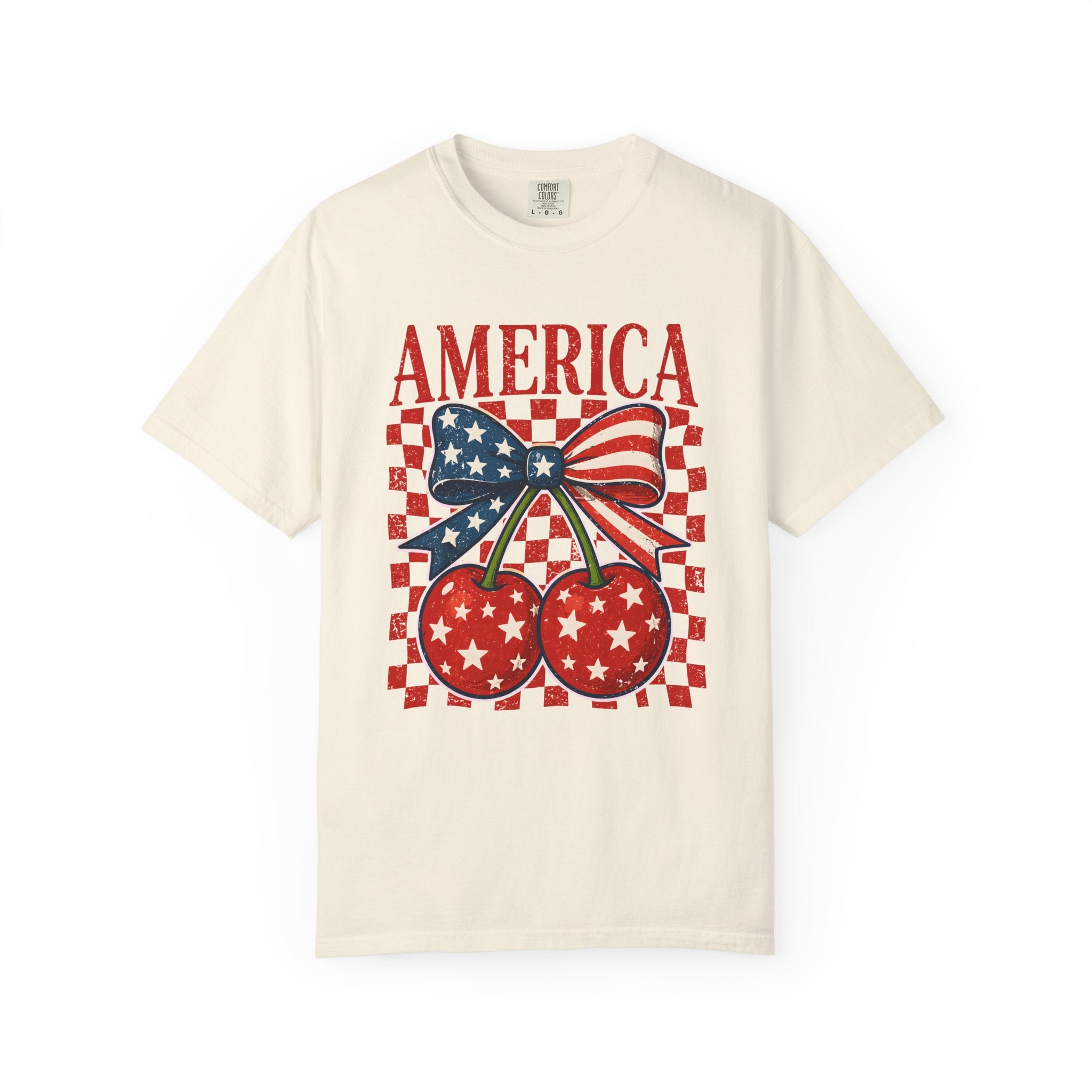 America Cherry Graphic T-Shirt — Patriotic USA Bow & Stars Fourth of July Tee
