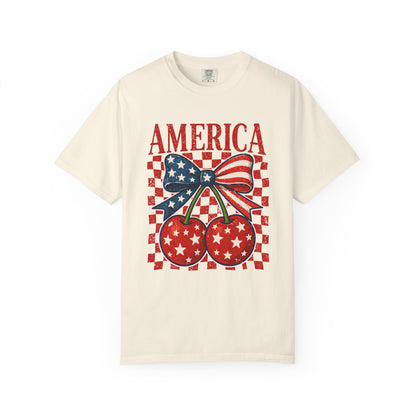 America Cherry Graphic T-Shirt — Patriotic USA Bow & Stars Fourth of July Tee