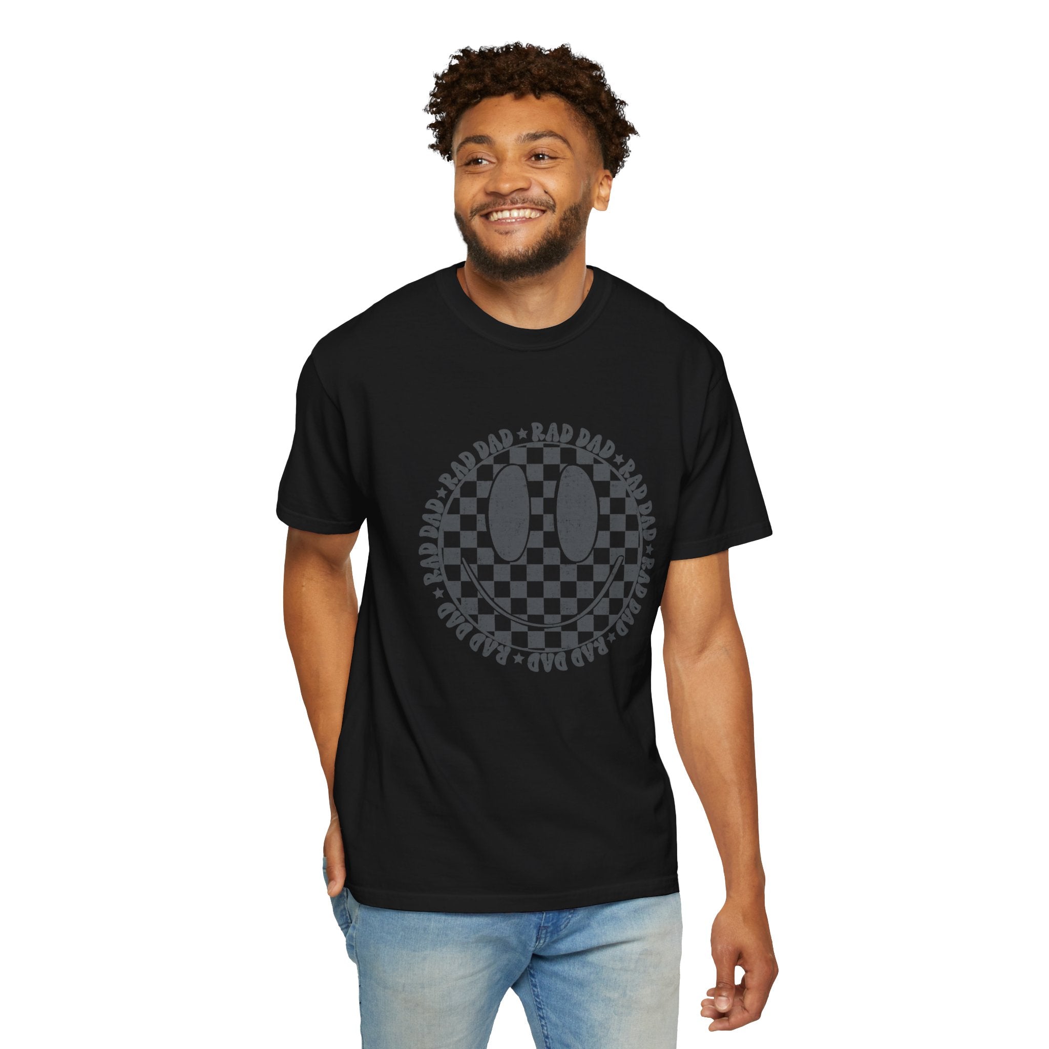 Dad Smiley Checkerboard T-Shirt — 'RAD DAD' Retro Graphic Tee